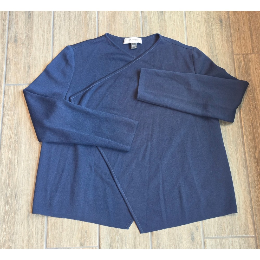 St John Collection Navy Blue Knit Asymmetrical Wrap Front Cardigan Sweater L - Picture 2 of 5
